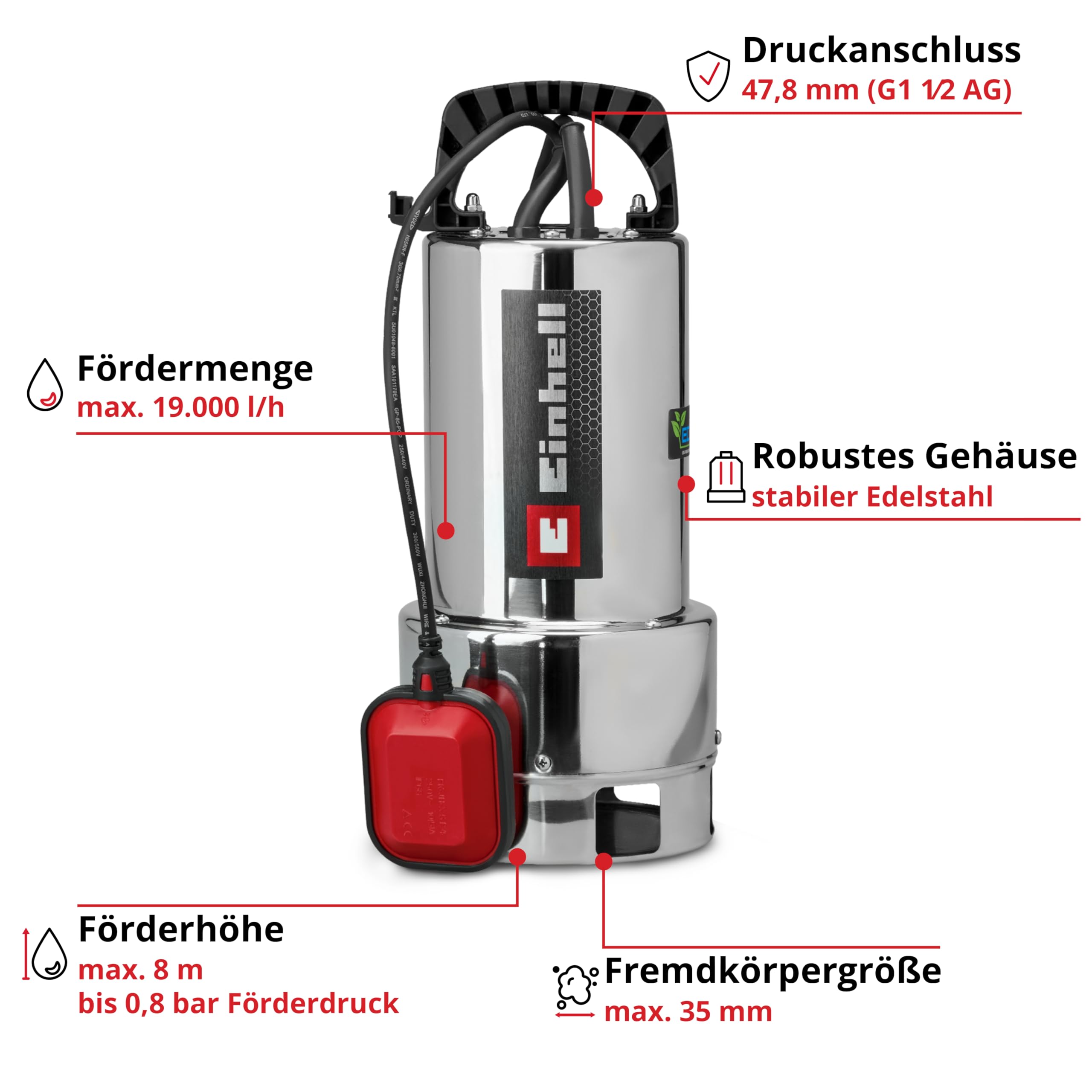 Einhell Schmutzwasserpumpe GC-DP 7035 N ECO PLUS (700 W, 19000 L/h Fördermenge, max. 8 m Förderhöhe, ECO PLUS Technologie, Schmutzpartikel bis zu 35 mm, Schwimmerschalter)