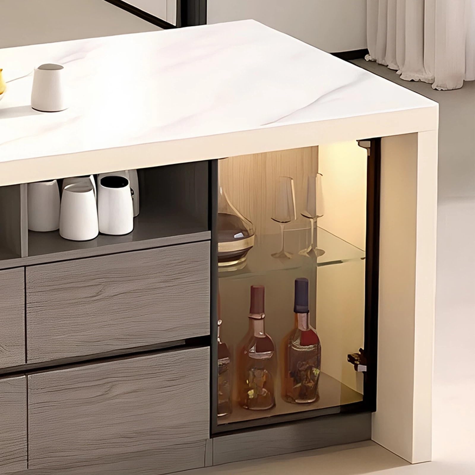 Zf9tBw5sH Unité d'îlot de Cuisine Armoire de Bar d'îlot Cuisine en Pierre frittée avec tiroir Porte Verre, Buffet Rangement