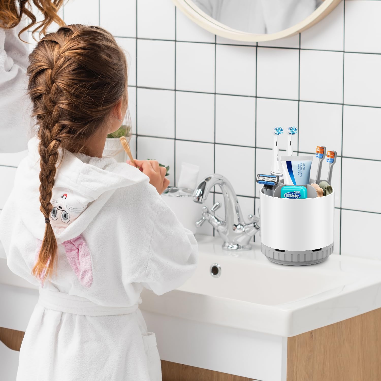 GFWARE Soportes para cepillos de dientes para baños, giratorio 360°, soporte para cepillo de dientes eléctrico y pasta de dientes, organizador de cepillos de dientes desmontable con 6 ranuras,