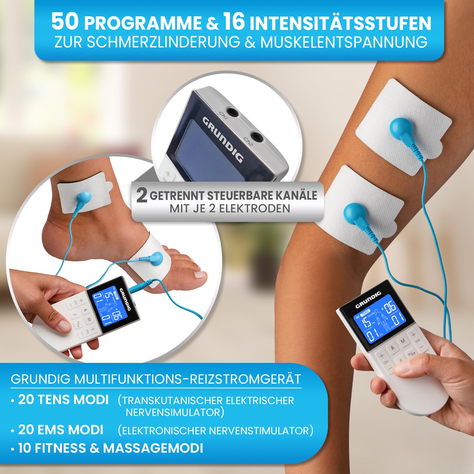 GRUNDIG Tens Gerät Schmerztherapie Reizstromgerät - Zertifiziertes Reizstrom Medizinprodukt mit 50 Programmen und 16 Intensitätsstufen - 3in1 Akku EMS Gerät zur Muskelentspannung (Gerät)