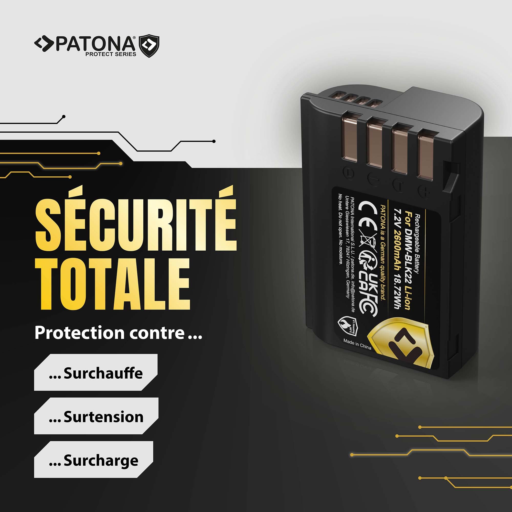 PATONA 2X Protect Batterie pour Panasonic DMW-BLK22 2600mAh