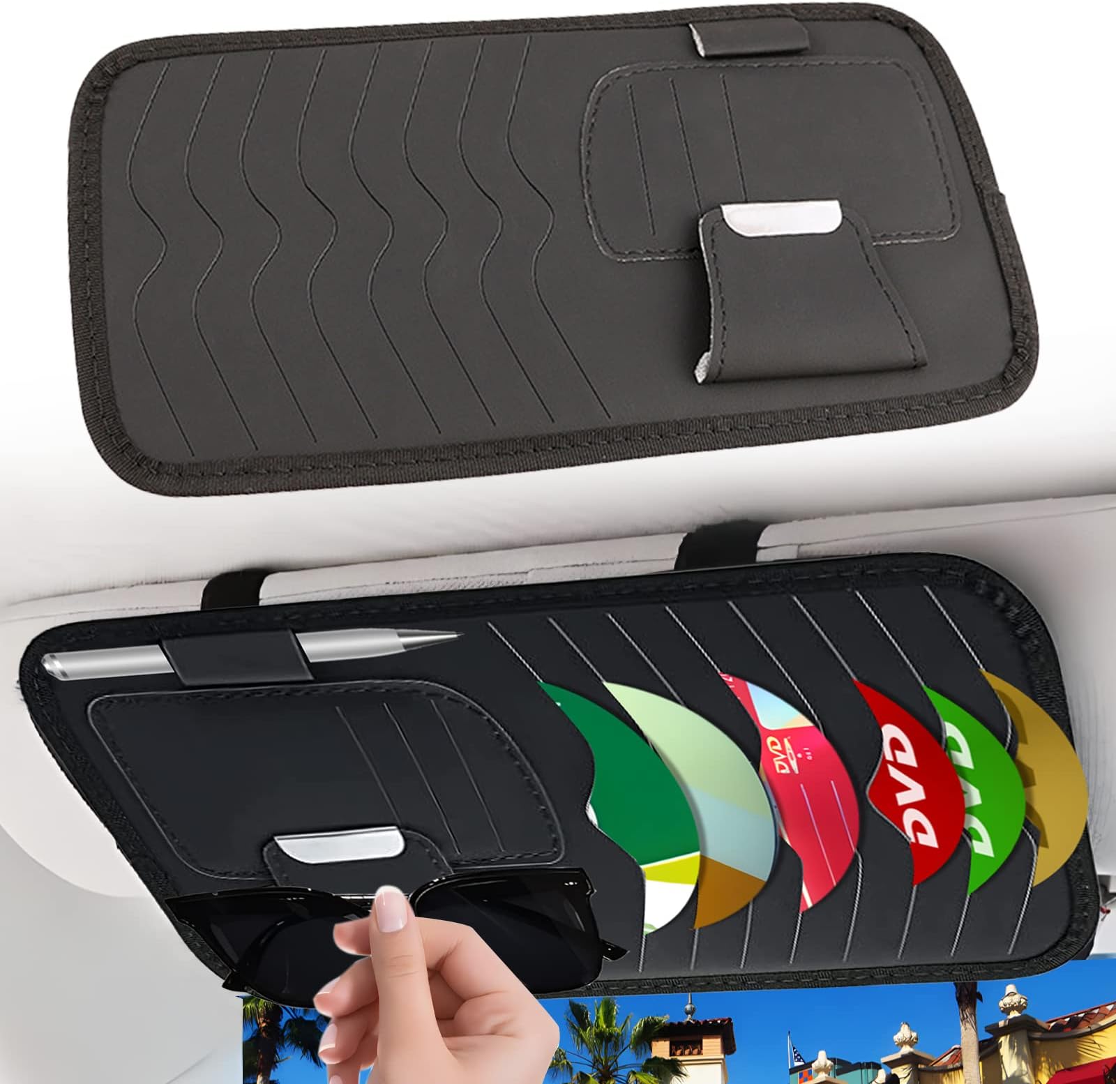 Car Visor CD Case Holder, Universal Leather Vehicle Invoice Storage Holder, Vehicle Sun Visor Organizer for Cars with 8 DVD Storage Sleeves, 3 Card Holders, Sunglass Holder and Pen Holder (Black)