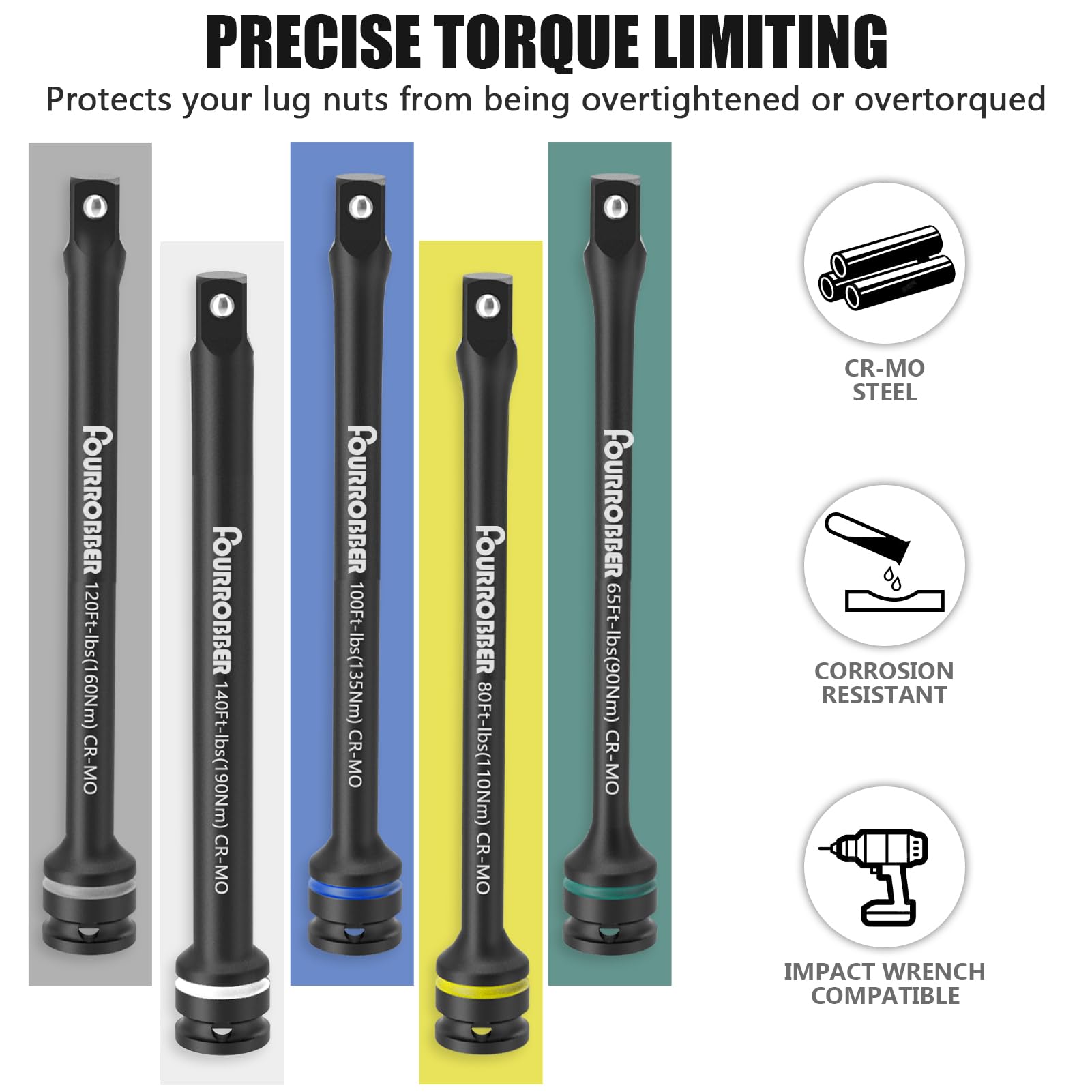Fourrobber 1/2" Drive Torque Limiting Extension Bar Set, 5-Piece Lug Nut Torque Stick Set including Color-Coded 90-190NM Torque Sticks - Image 2