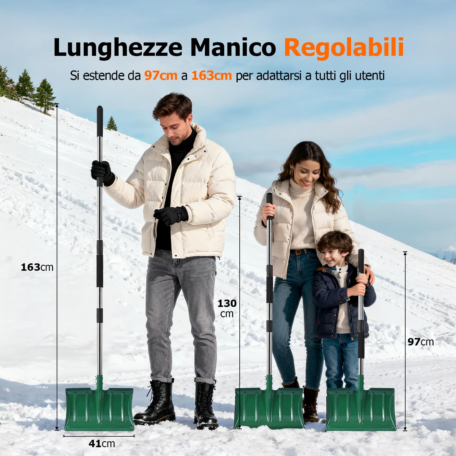 Pala da neve con manico lungo 163 cm, in metallo ad alta resistenza con pala larga 41 cm, manico ergonomico lungo e schiuma anti-gelo per la rimozione della neve di vialetti, auto, pacciamatura, terra