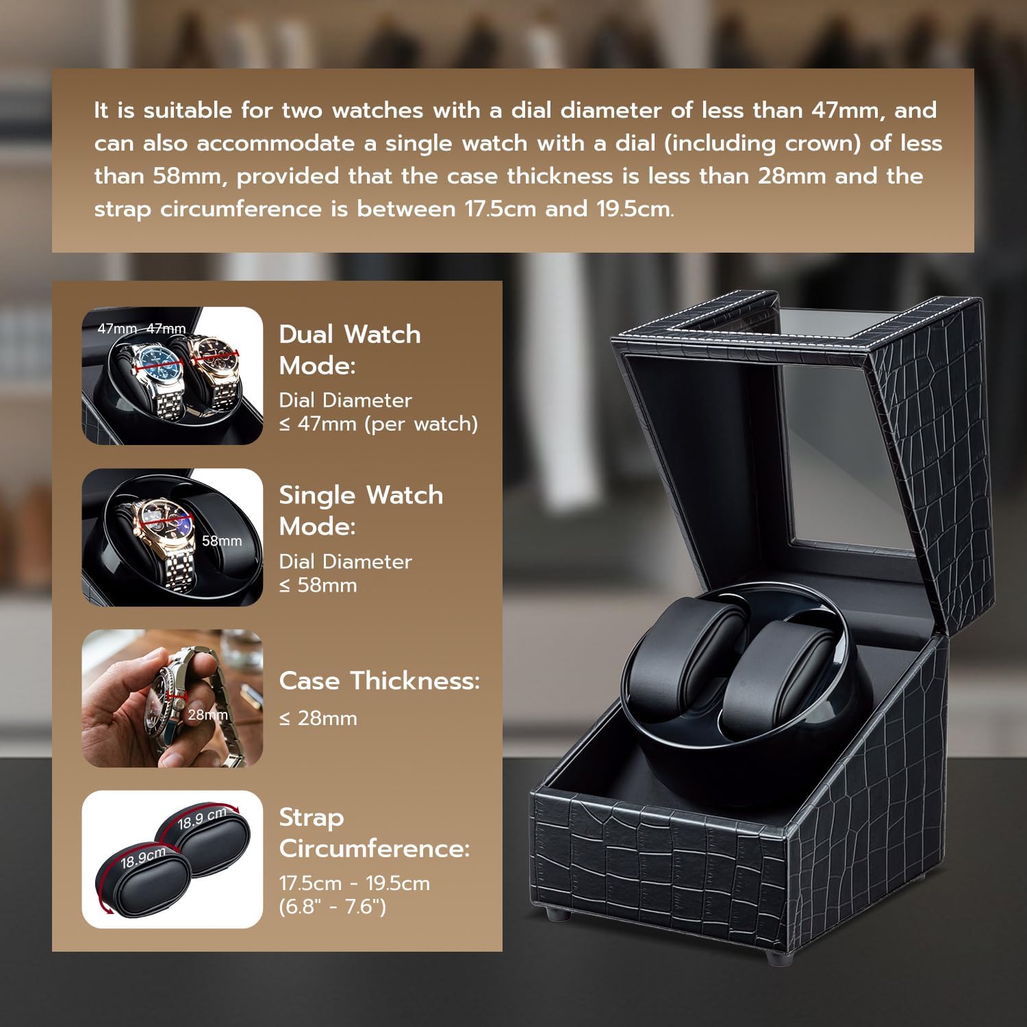 Mcbazel Watch Winder for Automatic Watches, Double Automatic Watch Winder Box with Quiet Japan-made Motor, 2 Slots Watch Display Storage Rotation Wrist watch Box (Black Crocodile Pattern Leather) image 4