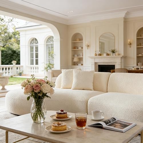 Miniatura 6 de Sofá modular curvado de lujo de 135.4 pulgadas, moderno sofá beige tapizado, cómodo sofá boucle tapizado, sofás minimalistas de 6 plazas para sala