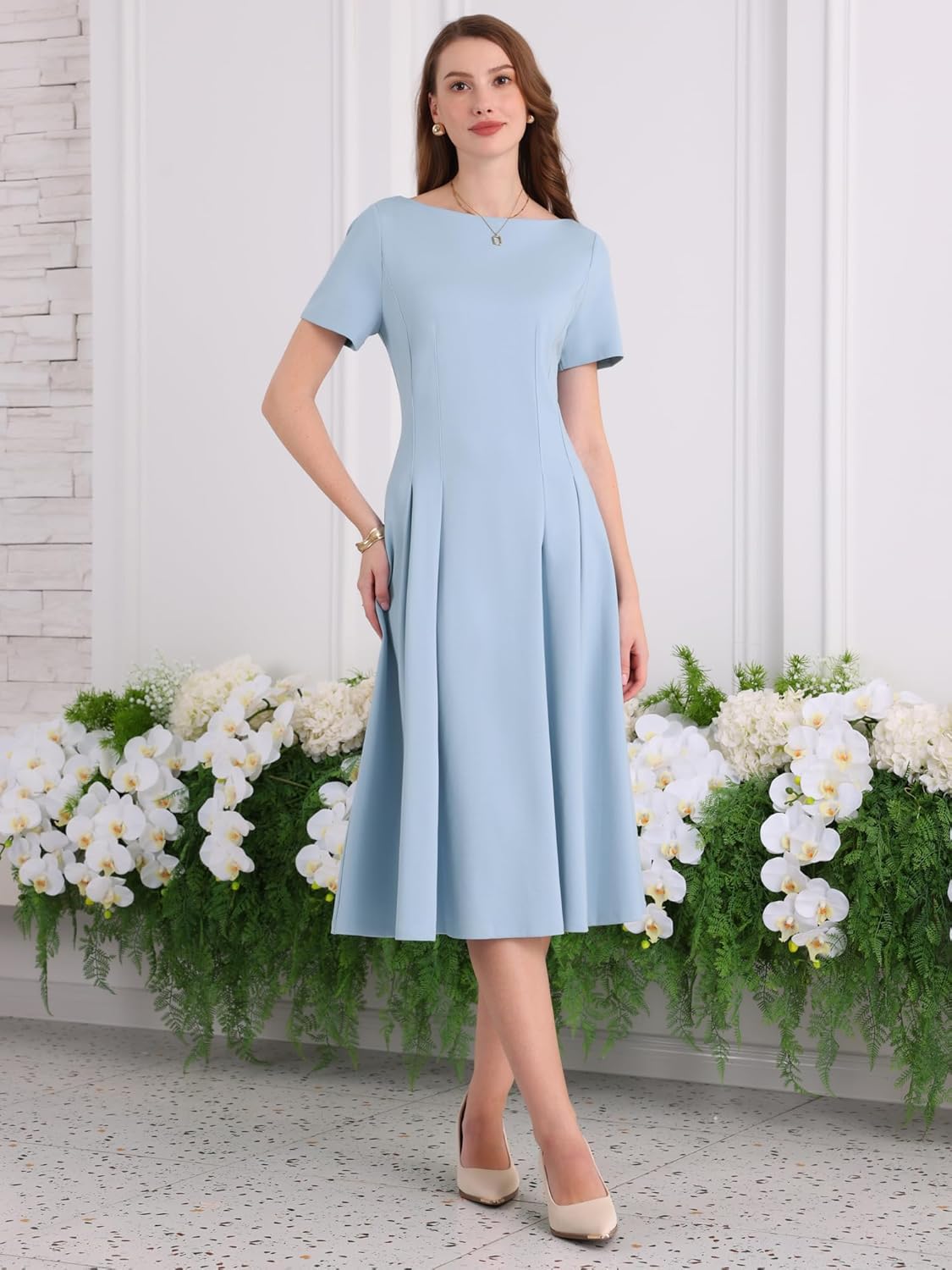 Women's Boat Neck Dresses Church Work A-Line Midi Dress - Image 3