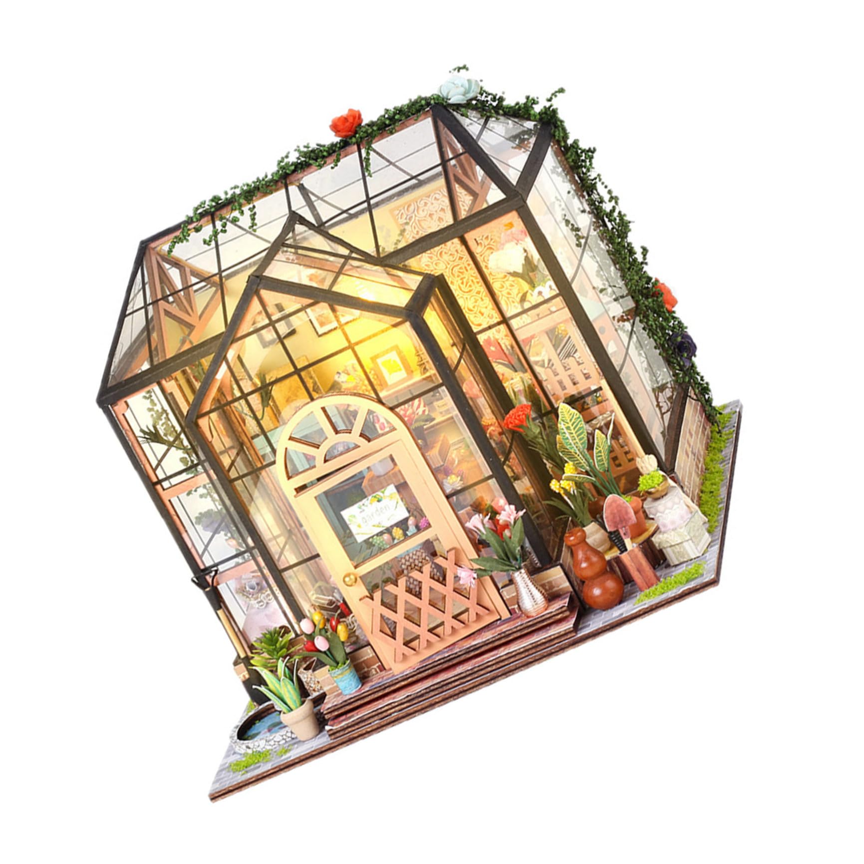 UKCOCO Kit de Manualidades para Casa de Flores en Miniatura, Modelo de Invernadero de Construcción 3D, Madera y Acrílico, Varios Accesorios, para Coleccionistas y Niñas, Decoración