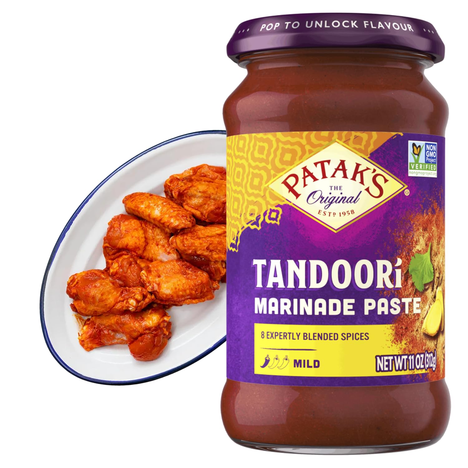 Patak’s Tandoori Marinade Paste - Mild Indian Tandoori Paste with 8 Expertly Blended Spices - Gluten-Free & Vegan - Flavorful Chicken Marinade for Grilling, Baking & BBQ Cooking - 11oz Jar (Pack of 1)