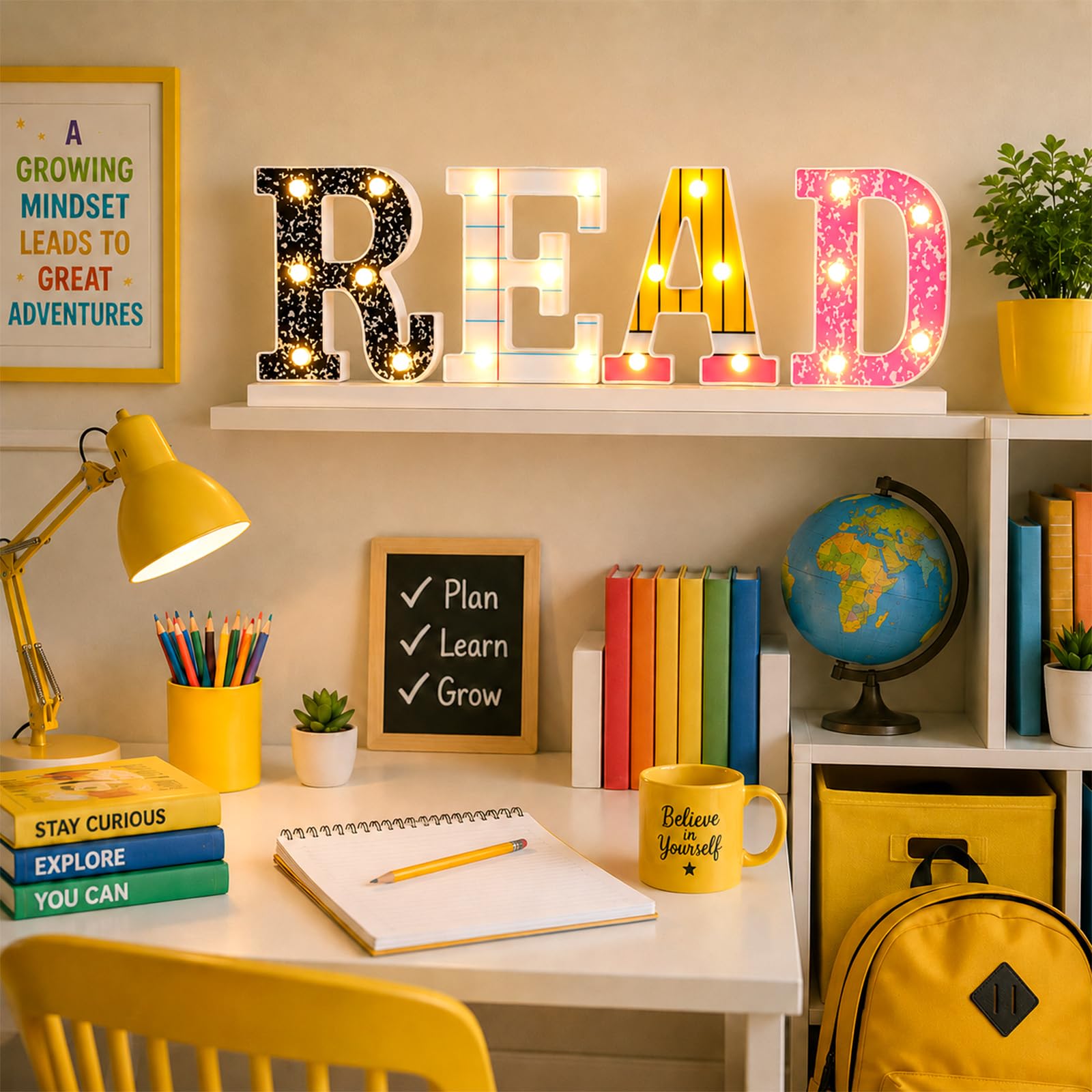 Yaomiao 4 decorazioni per angoli di lettura per aule letture marquee LED lettere segni composizione notebook matita lettere decorazione da parete biblioteca angolo decorazione per aule elementari