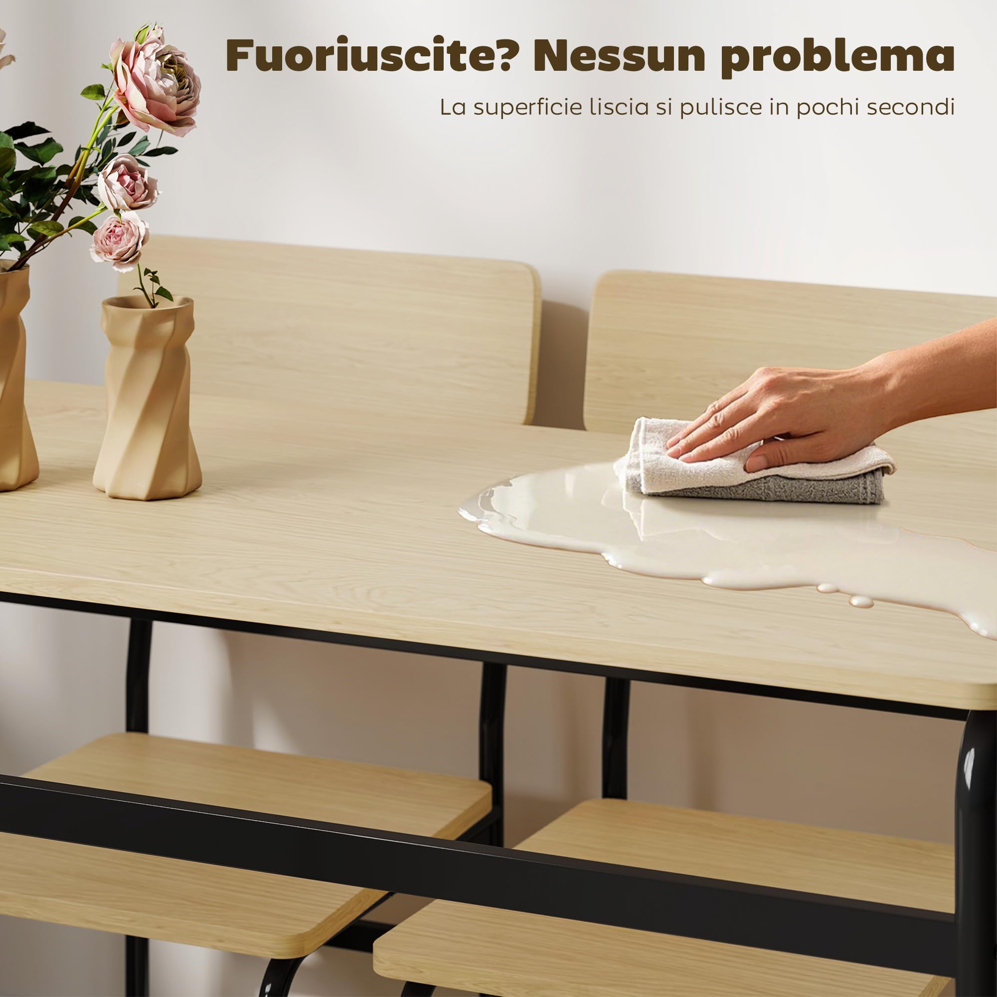 HOMCOM Set Tavolo e Sedie Sala da Pranzo 5 Pezzi, Tavolo da Pranzo Rettangolare e 4 Sedie in Legno e Metallo, Salvaspazio, Design Industriale, per Soggiorno Salotto Cucina, Nero e Color Legno