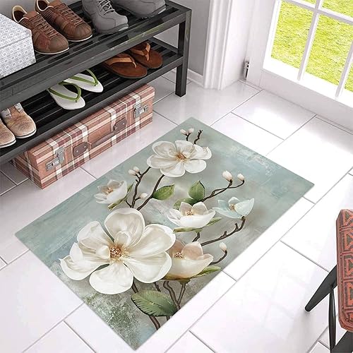 Tapete para debajo del fregadero, diseño de flores blancas de magnolia, para interiores, cocina, pintura al óleo vintage, tapete de bienvenida