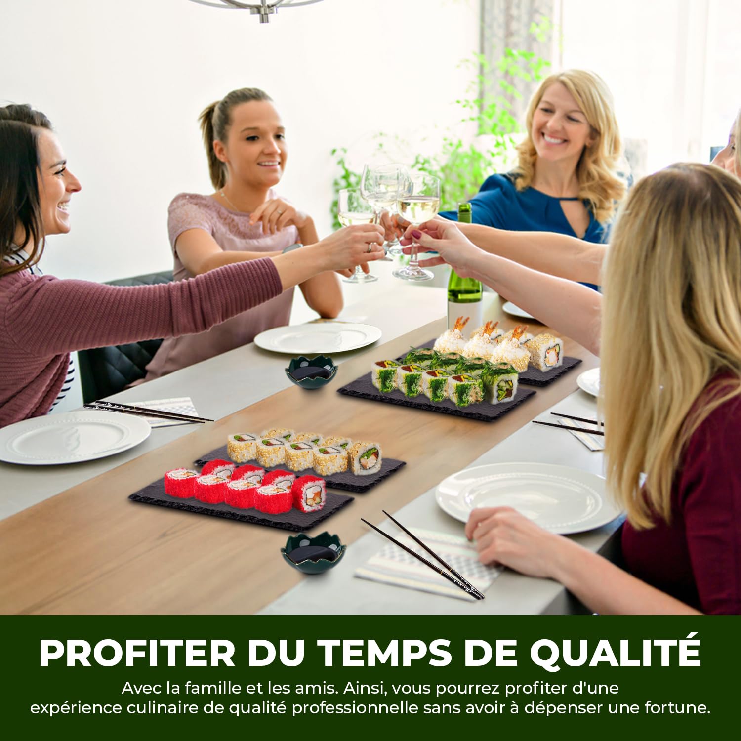 Kit Sushi Complet Premium en Bois + 5 Baguettes + 2 Assiettes en Ardoise + Accesoires | Kit a Sushi | Sushi Maker en Bois | Machine a Sushi | Appareil a Sushi | Maki