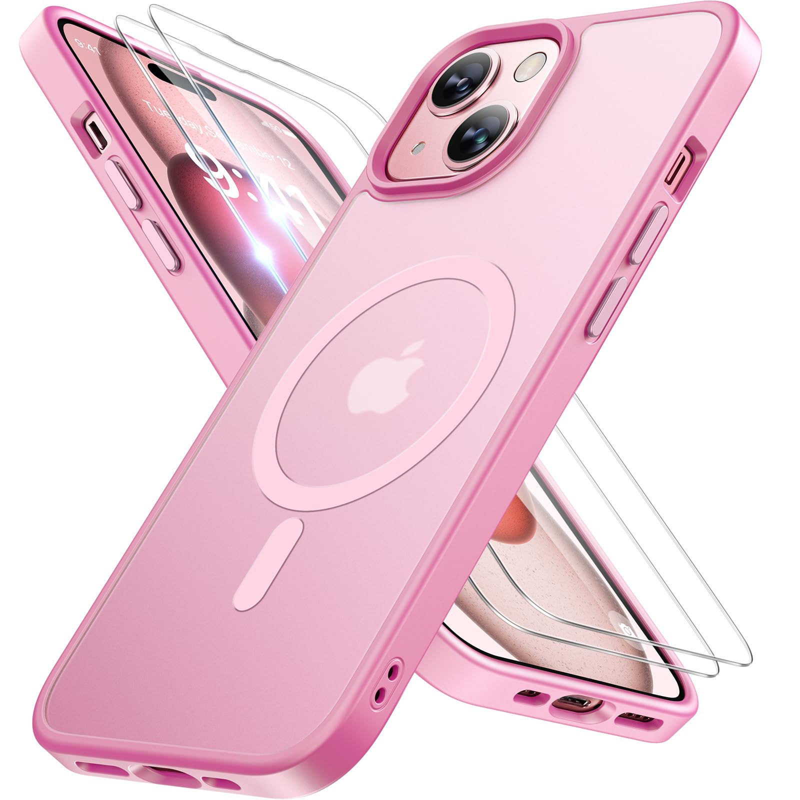 Miracase Magnetic for iPhone 15 Plus Case 6.7 inch (Compatible with MagSafe)（with 2X Screen Protectors） Military-Grade Protection, Anti-Fingerprint Translucent Matte Phone Cover, Mes Pink