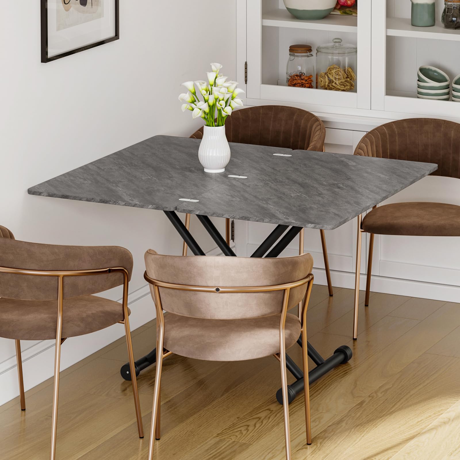 Mesa Elevable y Extensible,Mesa de Centro Funcional para Comedor de Espacio Pequeño, Sala de Estar, Cocina, Sala de Estudio, Gris