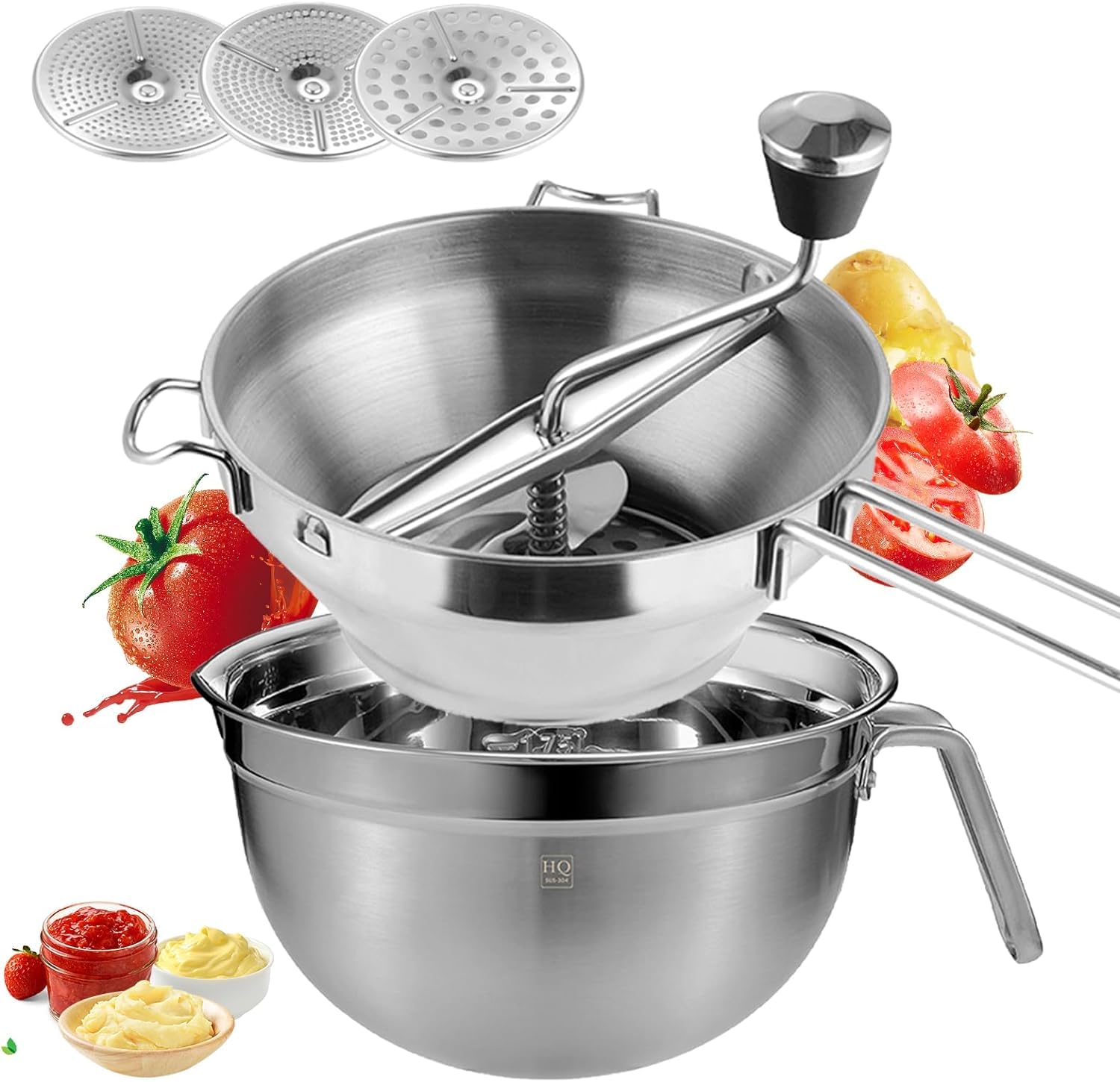 Moulin à légumes en acier inoxydable avec 3 tamis - Avec bol gourmet - Pour confitures, purées, soupes, sauces et aliments pour bébé - Bol mélangeur multifonction