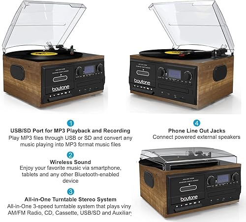 Miniatura 5 de Boytone BT-32W Bluetooth - Tocadiscos clásico todo en uno con radio AMFM, reproductor de CDcassette, altavoces estéreo, grabación de vinilo, radio y