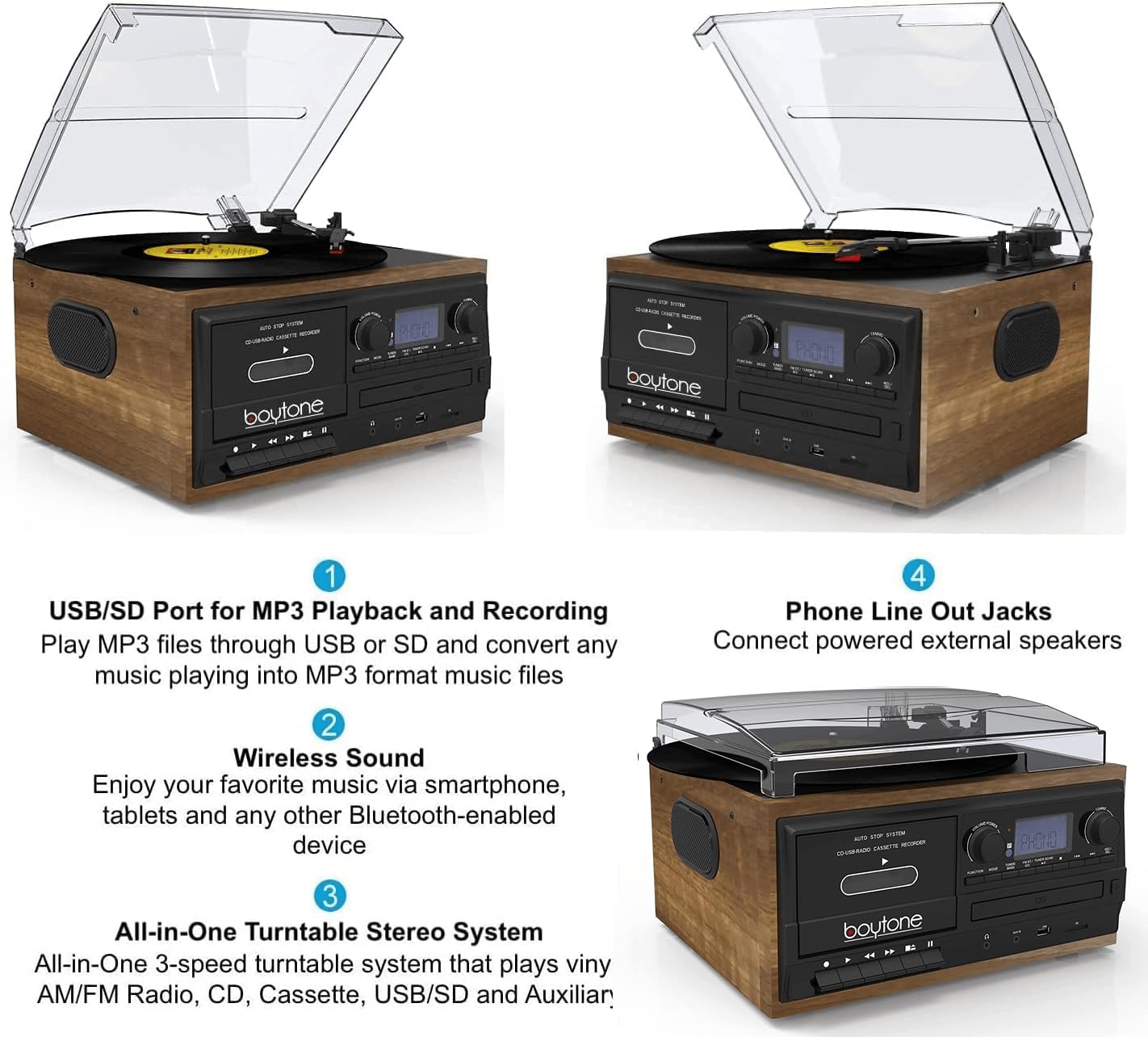 Boytone BT-32W, Bluetooth Record Player Turntable, AM/FM Radio