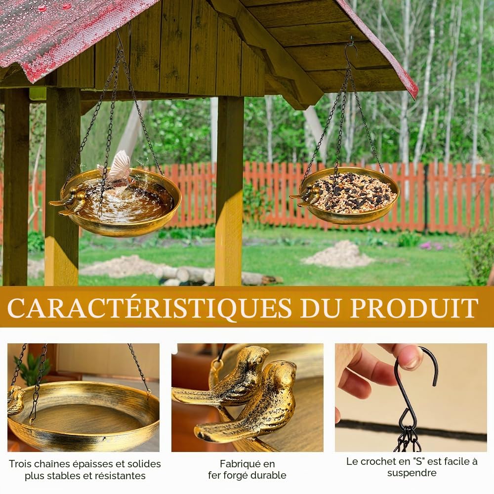 Mangeoire oiseau Exterieur à Suspendre, Bain pour Oiseaux Balcon et Jardin, Abreuvoir Suspendu en Fonte