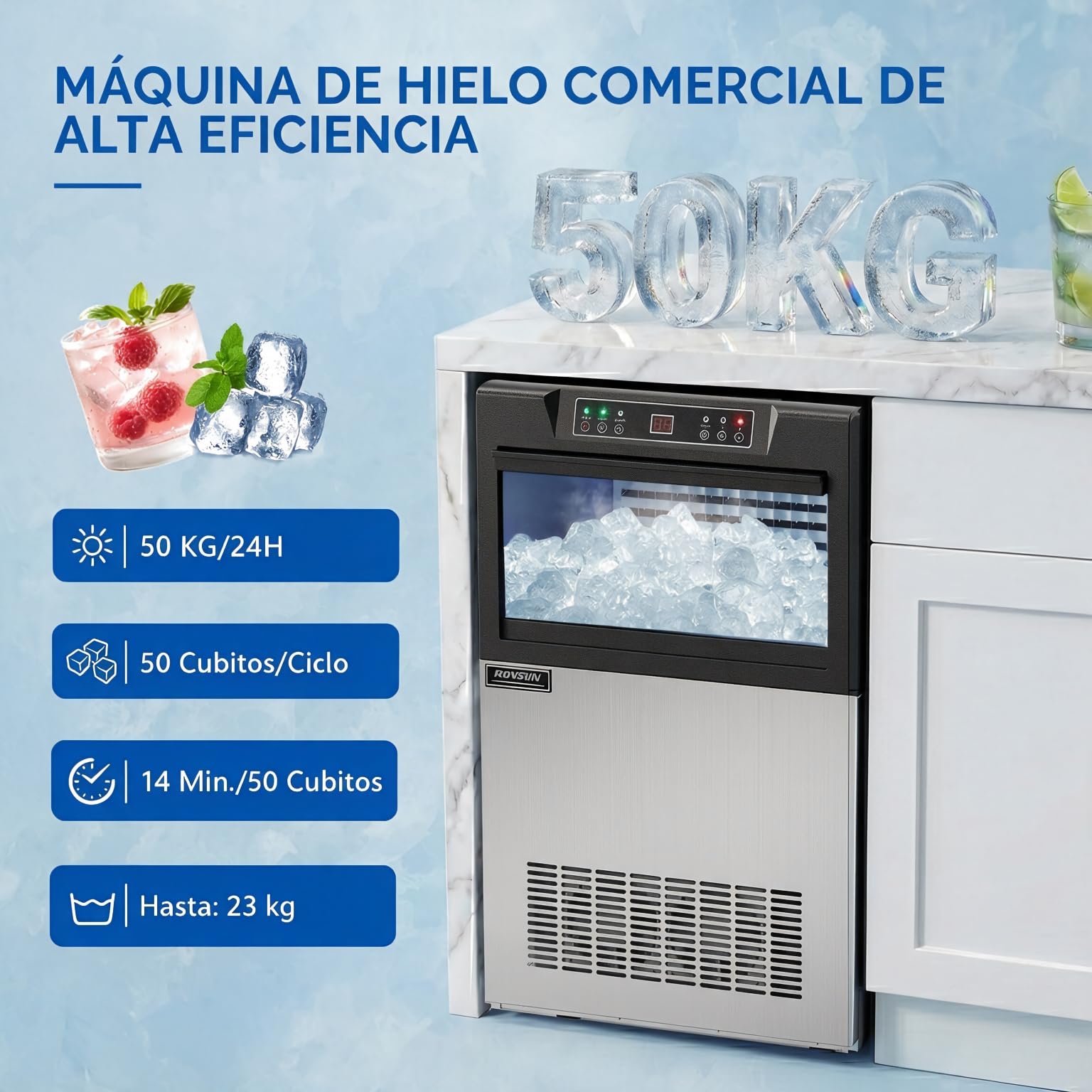 ROVSUN Máquina para Hacer Hielo 50KG/24H, Cubitos 5x10, Cuerpo Acero Inoxidable, Uso Comercial, para Restaurante, Hotel, Bar y Eventos