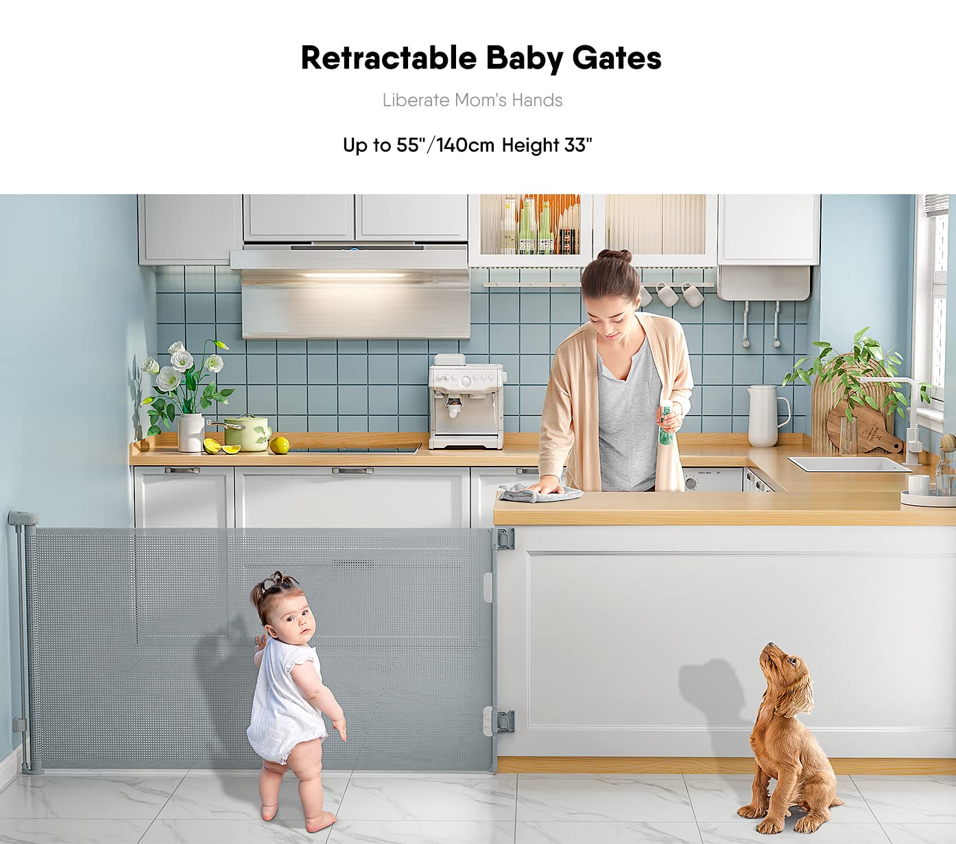 Retractable Baby Gates, BabyBond Baby Gate for Stairs Extra Wide 55” X 33” Tall for Kids or Pets Indoor and Outdoor Dog Gates for Doorways, Stairs, Hallways (Grey)