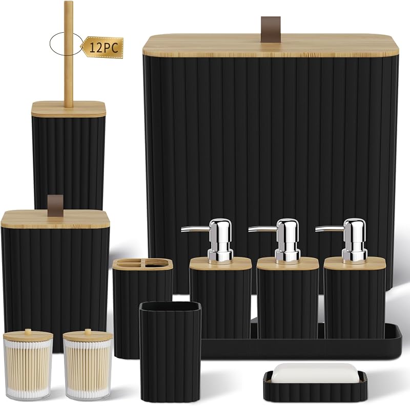 Juego de accesorios de baño: juego de baño negro, juego de accesorios de baño de 12 piezas, juego de accesorios de baño negro, mini bote de basura, cepillo para inodoro, bote de basura y dispensador de jabón