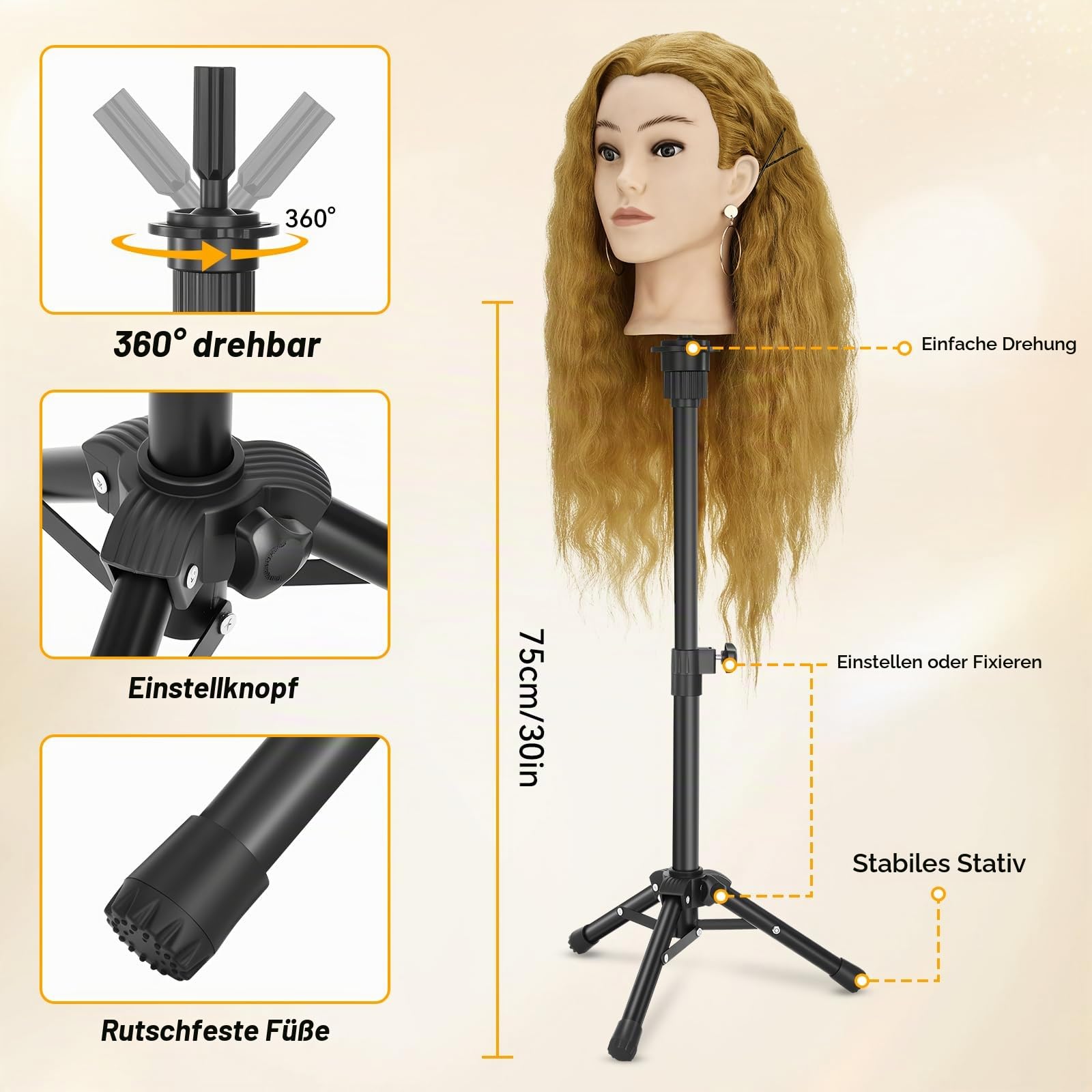 Frisierkopf Echthaar mit Stativ, Trainingskopf mit 90% Echthaar 61cm/24inch, Schaufensterpuppe Kopf Übungskopf, Frisieren Kosmetologie Puppe Kopf mit Tischklemme Halter und Friseur-Werkzeug-Set