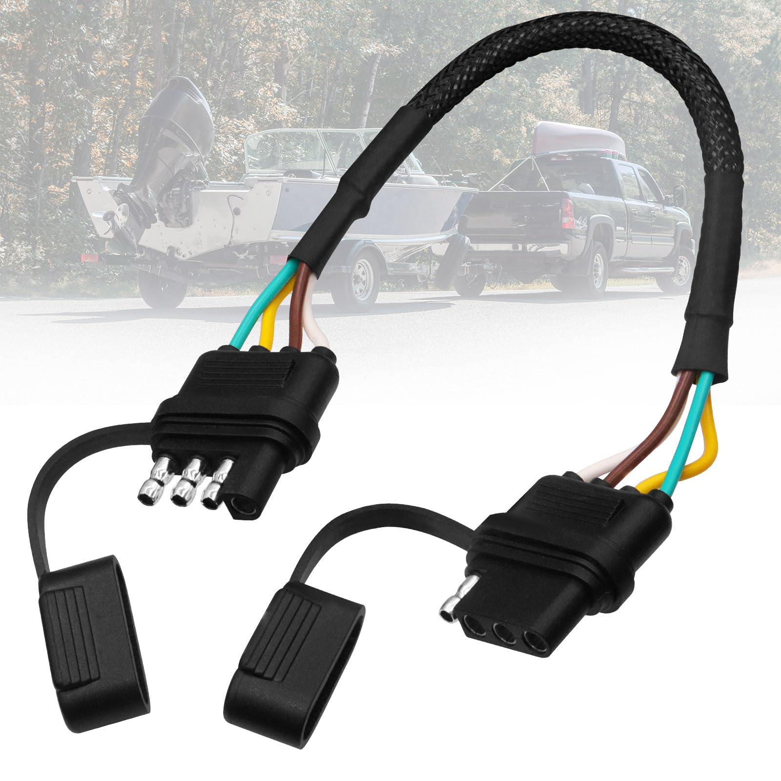 4 Pin Trailer Wiring Harness,4 Way Flat Trailer Plug Male and Female Connector with Rubber Dust Cover with Nylon Mesh Tube Protection 12"/1 FT 16 Guage