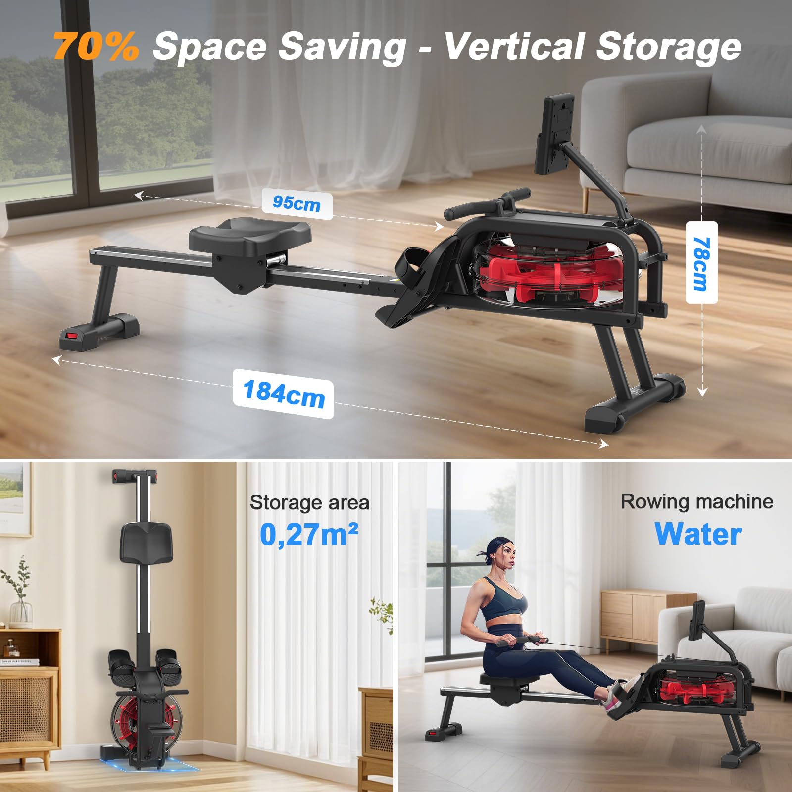 Neezee Rudergerät für zuhause, Rudergerät Wasser mit Professioneller Tablet-Halterung, Max 150kg Belastbar, Vertikale Lagerung, Einfache Bewegung