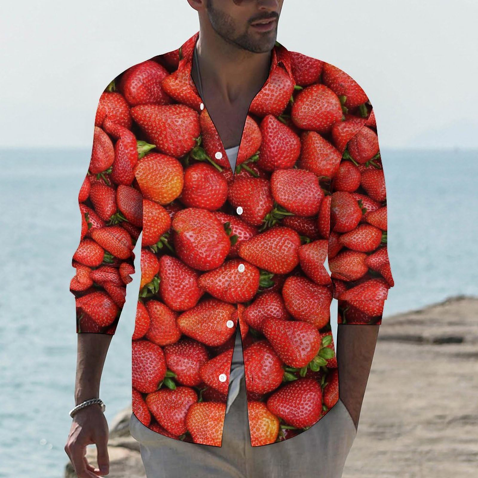 Amazon.co.jp: イチゴ柄 いちご 苺 メンズ 長袖 シャツ ワイシャツ