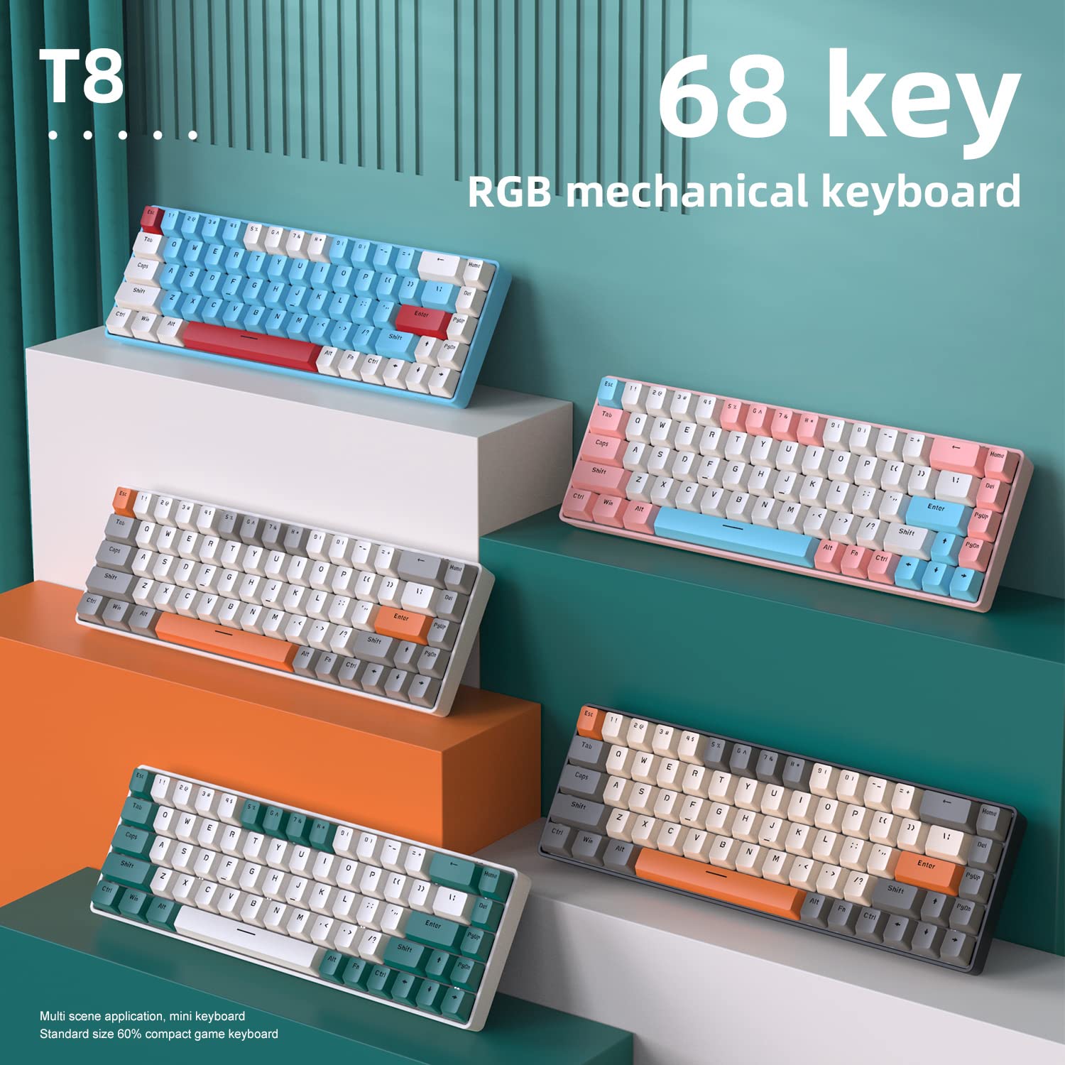 68 tasti tastiere da gioco meccaniche cablate con retroilluminazione RGB, mini portatile 60% tastiera da gioco meccanica per computer portatile Gamer (Aqua Edition Red Switch)