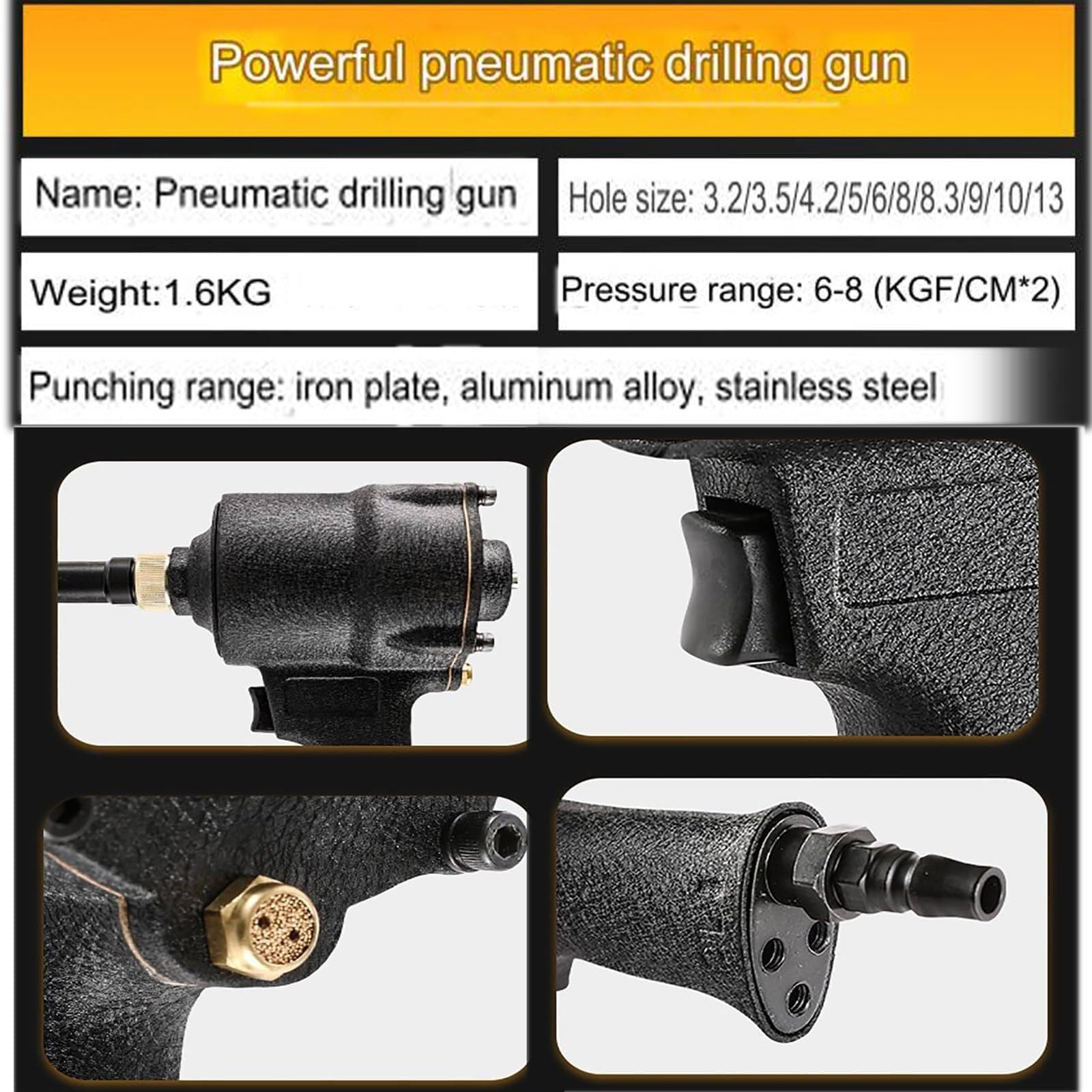 Dziurkacz pneumatyczny: pneumatyczna moc i precyzja do otworów metalowych o średnicy 3,2–13 mm; obrót zacisku o 360° sprawia, że jest niezbędny do projektów w drzwiach, oknach, fabrykach i biurach (