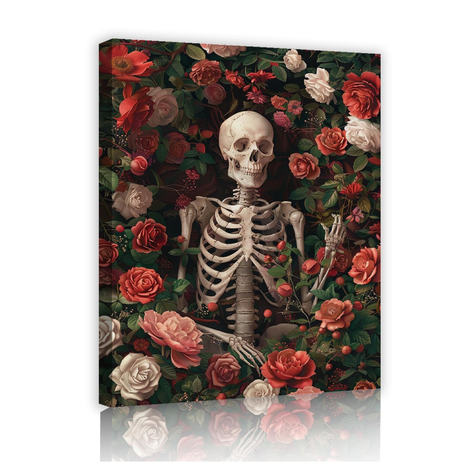 Via Vela Peinture sur toile sur le thème d’Halloween romantique rose et rouge Rose fleur jardin drôle squelette impression affiche art mural pour lessive décor 30x40cm Cadre intérieur