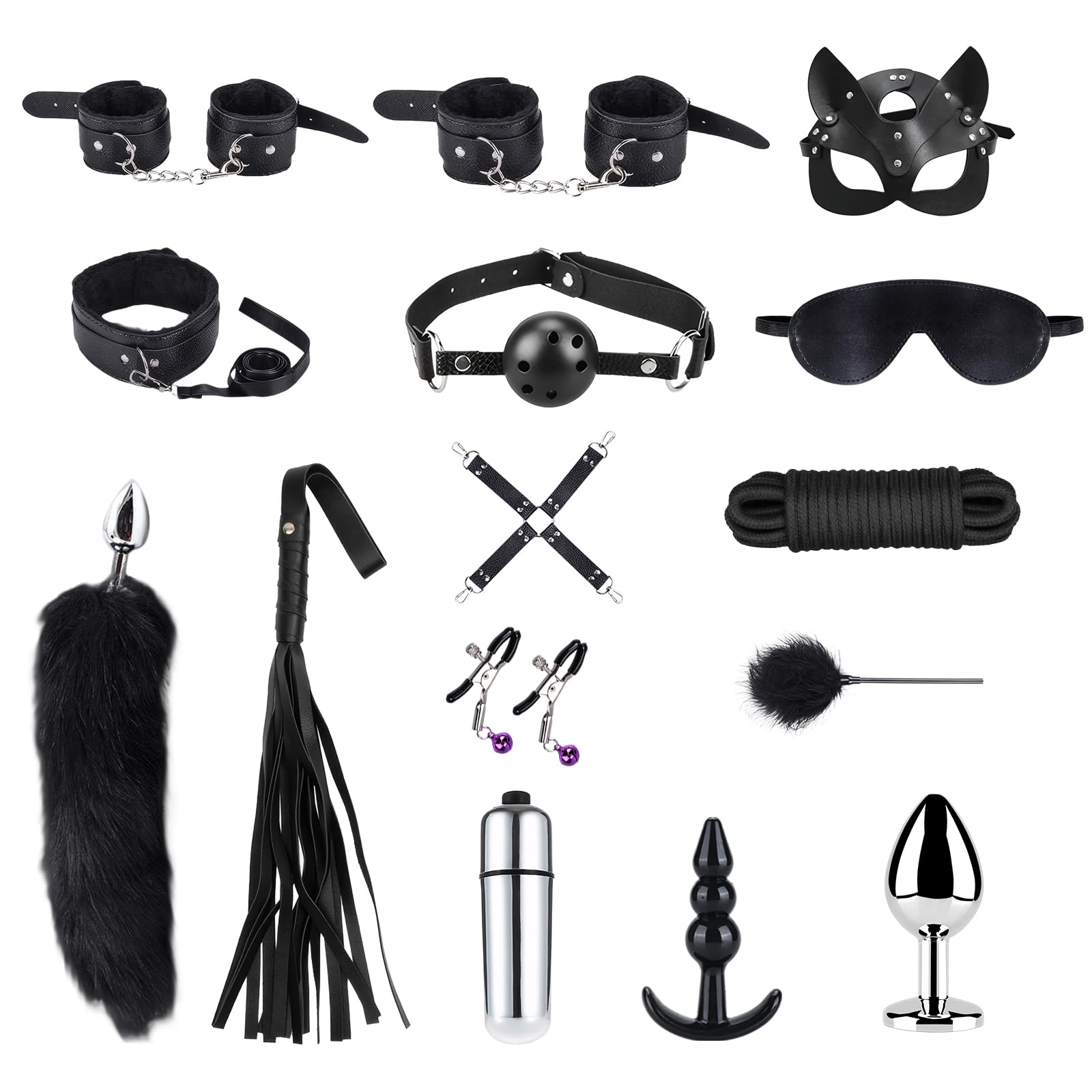 Qoosea Sexo Bondage Restricciones Kits SM 15PCS Set Bondage Ajustable Juegos para adultos en pareja Set de Restricción con Foxtail Plug Anal Esposas para Principiantes Experimentados(Negro)