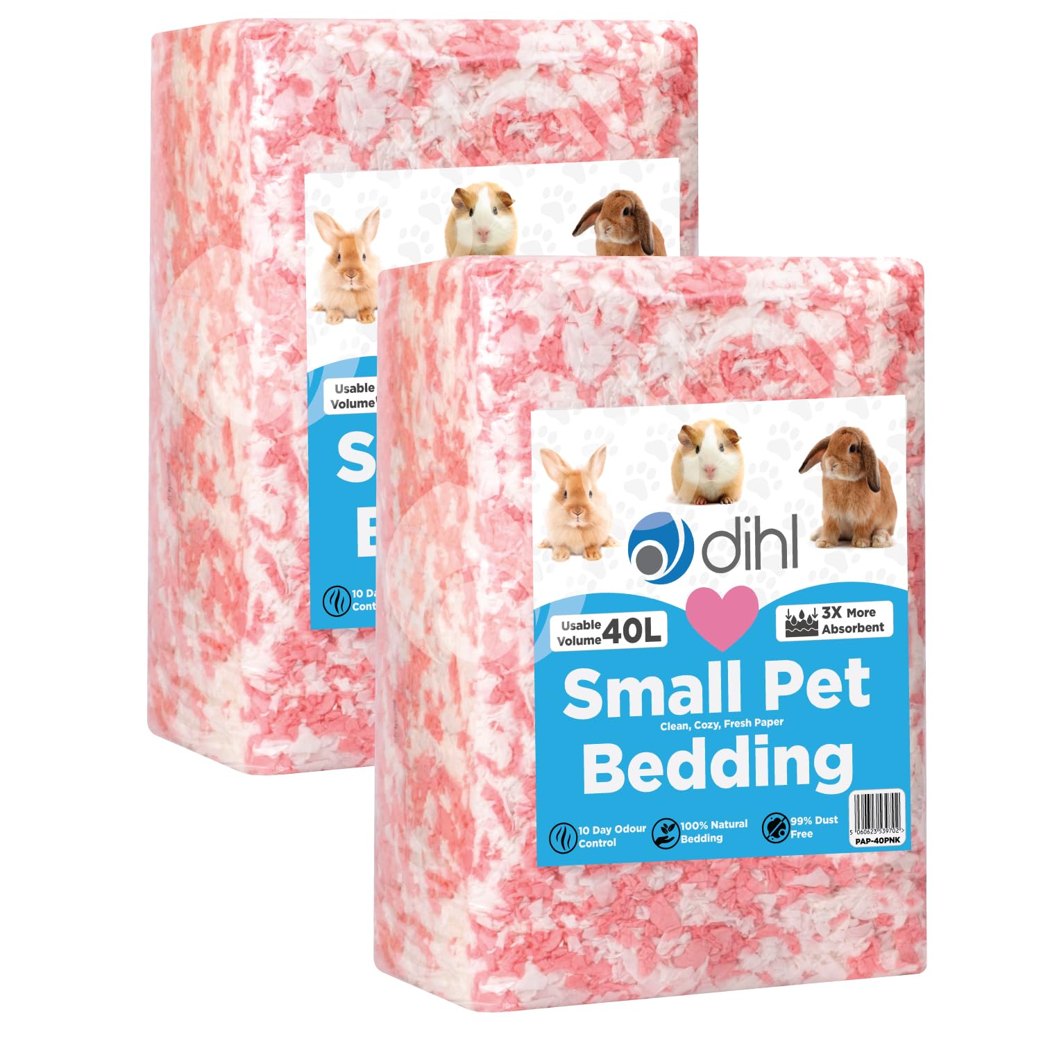 Dihl 80 Litre, Pink, Super Absorbent Paper Bedding for Small Animals. Absorbs 6 Times its Weight in Liquid. Hamster, Mice, Rat, Rabbit, Guinea Pig Gerbil Cage Substrate – 2x 40L Packs