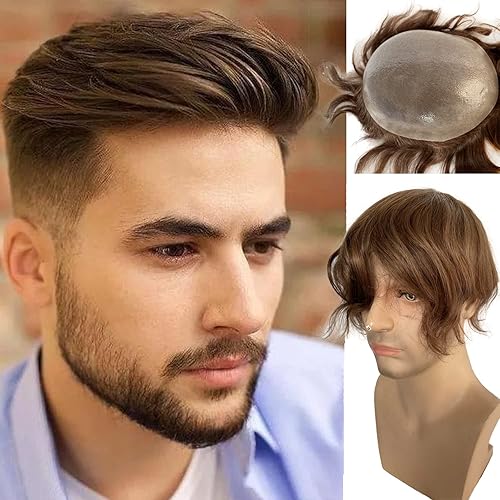 Voloria Toupee para hombre ultra fina piel PU hombres postizo europeo virgen cabello humano reemplazo piezas 10x8inch 7 color marrón claro