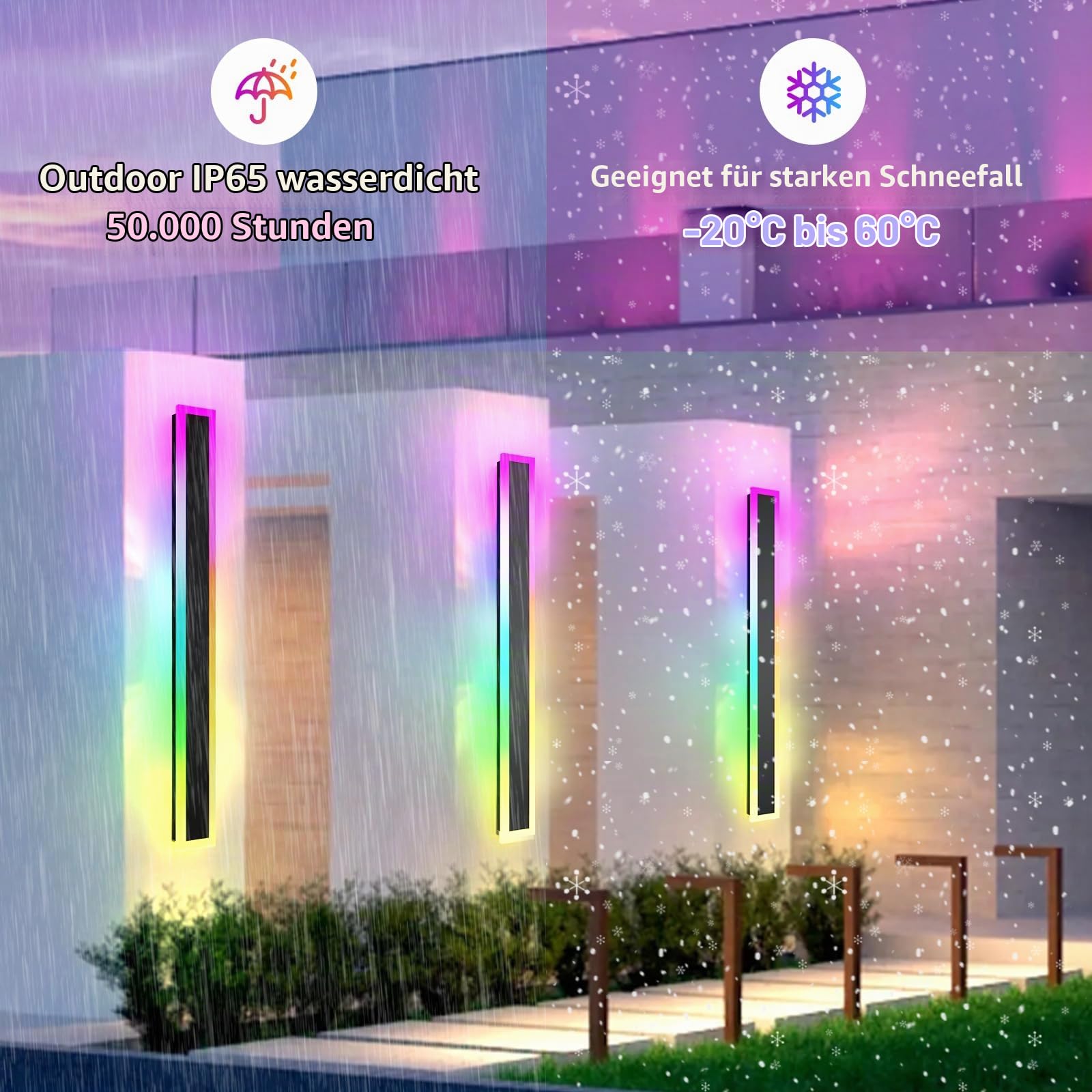 RGB Lange Wandleuchte LED Wandleuchte Außen, 2 Stück RGB/Warmes/Weiß Dimmbare Moderne Wandbeleuchtung, Ip65 Wasserdichte mit Fernbedienung und APP Steuerung für Außen/Innen, Gärten, Villa (150.0cm)
