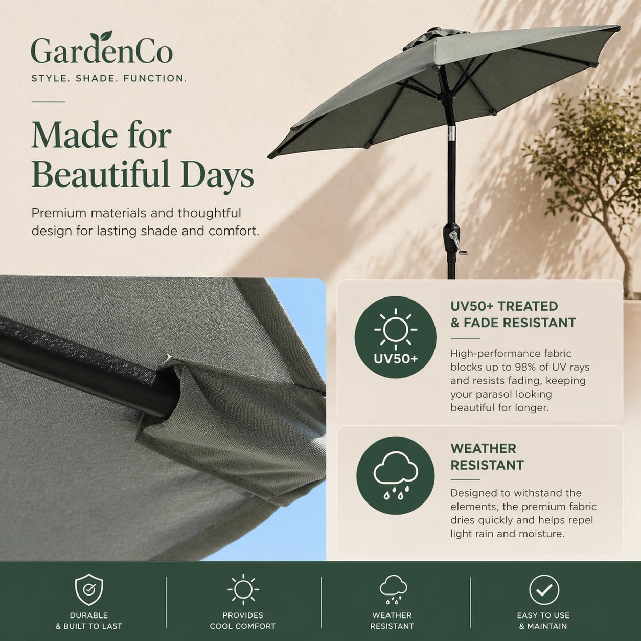 GardenCo Outdoor 2m Parasol - Crank Up & Tilt Function Options Garden Parasol Umbrella - UV Rated 50-38mm Parasol Pole — view 9