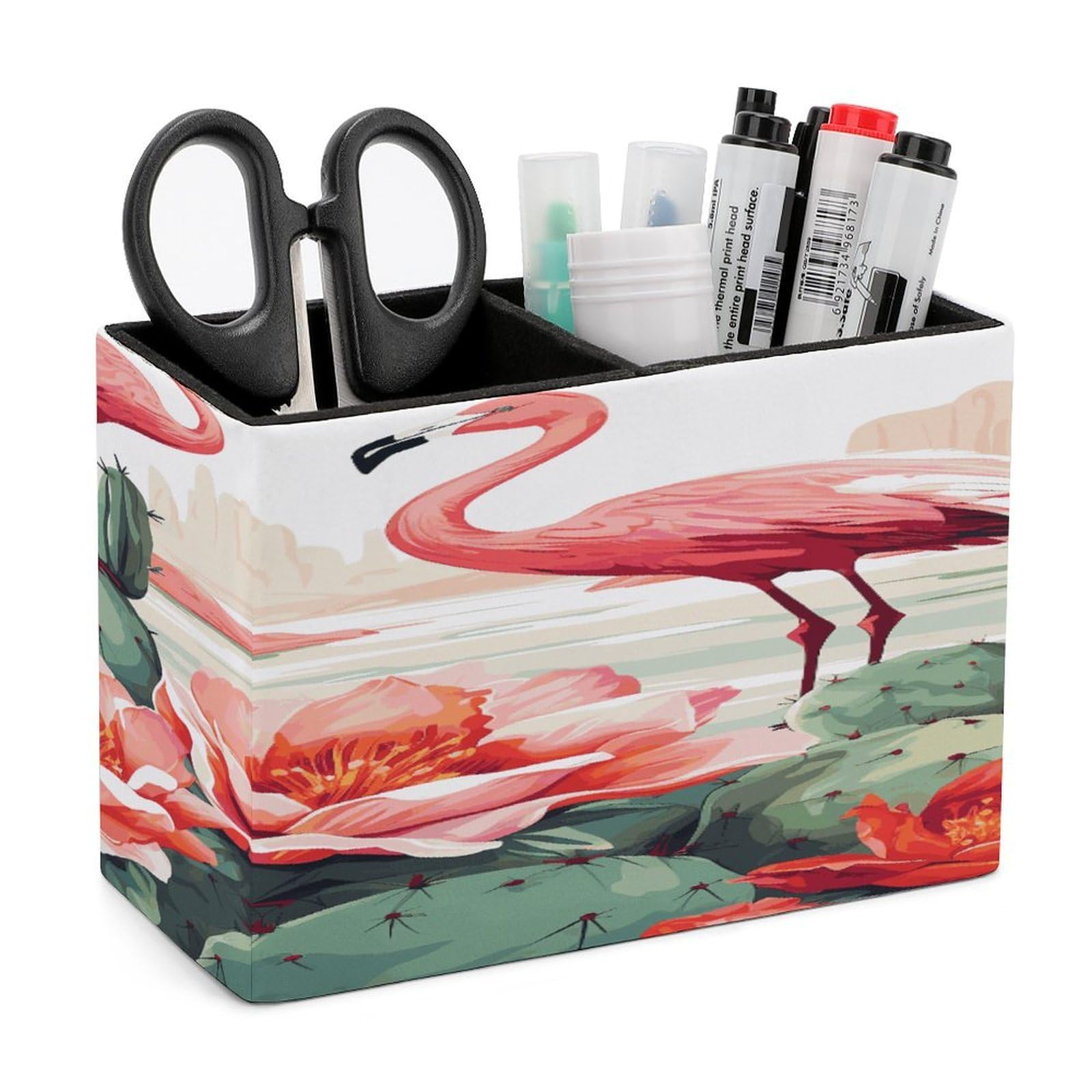 VstaDank Cactus Flamingo Rose Flowers Pen Holder Double Compartments Pen Cup Fashion Makeup Brush Holders Leather Pencil Holder for Work Locker Accessories Modern Pencil Cup for Desk Organizer
