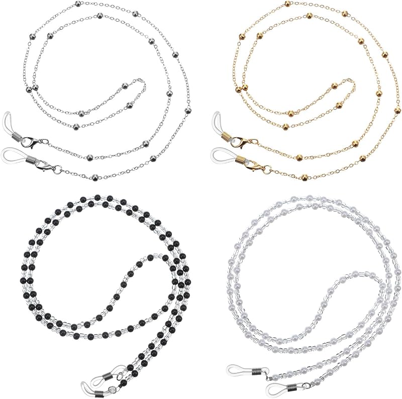 4 Pcs Women's Eyeglass Chains, Metal Bead Glasses Strap Eyeglasses Holders Around Neck Vintage Stylish Glasses Rope Lanyard for Women