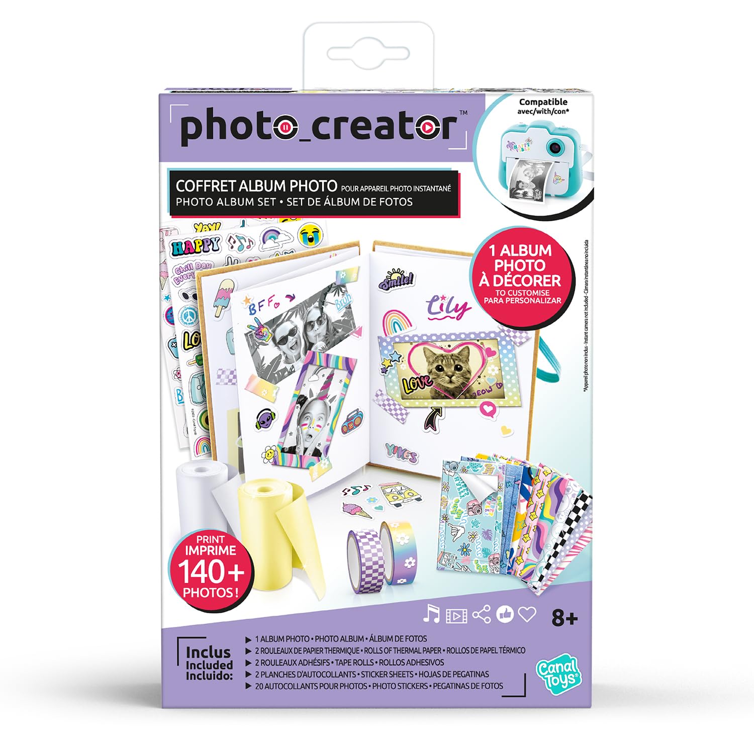 Canal Toys - Caja de álbum para cámara de impresión instantánea compatible con creador, 2 rollos de papel, 2 tablas de pegatinas y 20 marcos de fotos adhesivos 007-Canal Toys, CLK 007, multicolor