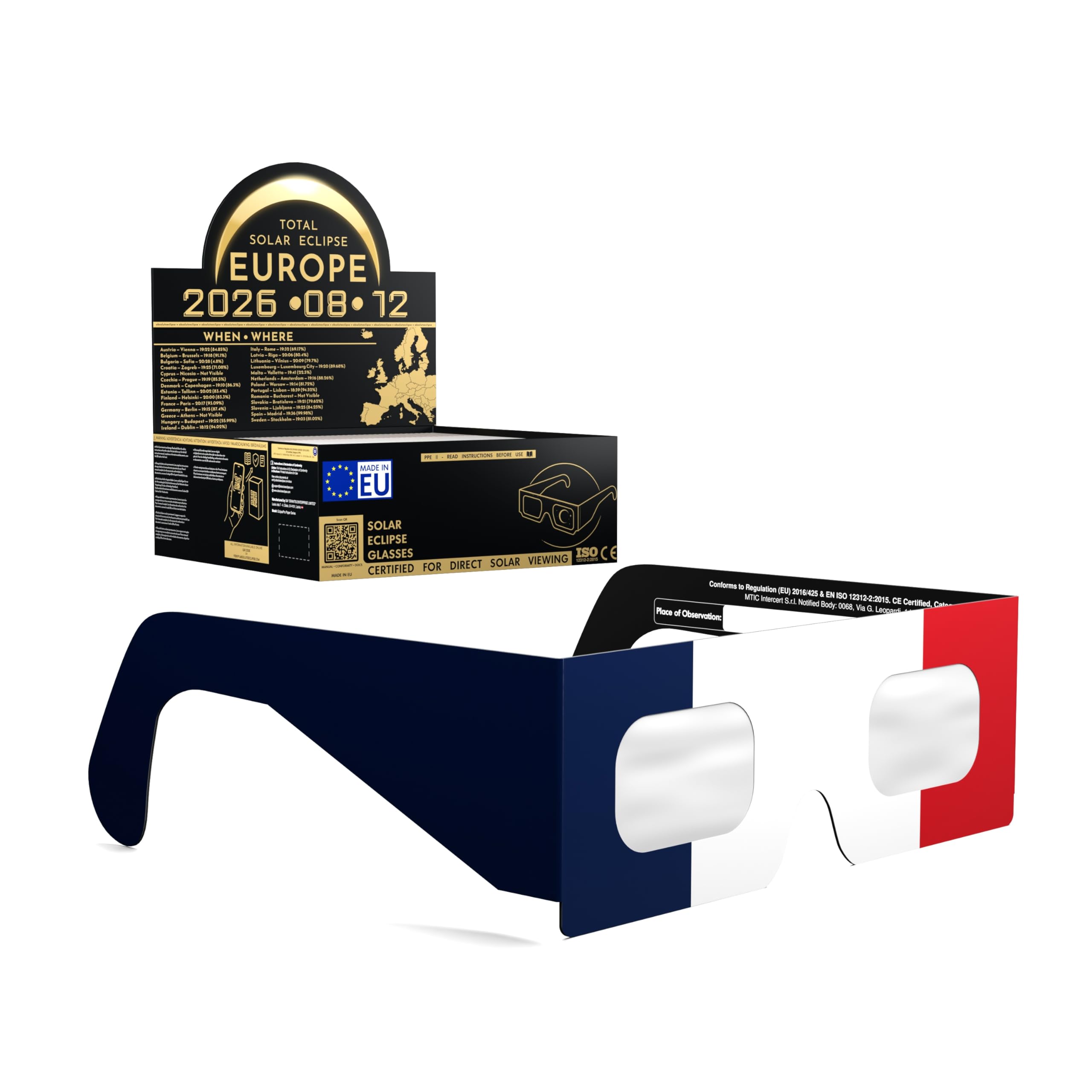 Solar Eclipse Glasses ISO 12312-2 CE Certified | Safe Solar Viewing Glasses UK | Paper Cardboard Frame | Total Solar Eclipse August 2026 | Made in EU | 50 Pack | FR