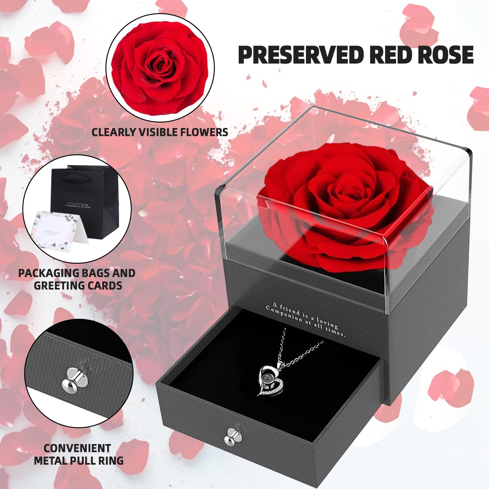 Zynxel Rosa Eterna, Regalos originales para mujer - Día de la Madre, San Valentín, Caja con Flores Estabilizadas, Collar Corazón de Perno, Regalo para Aniversario, Fiestas y Ocasiones Especiales