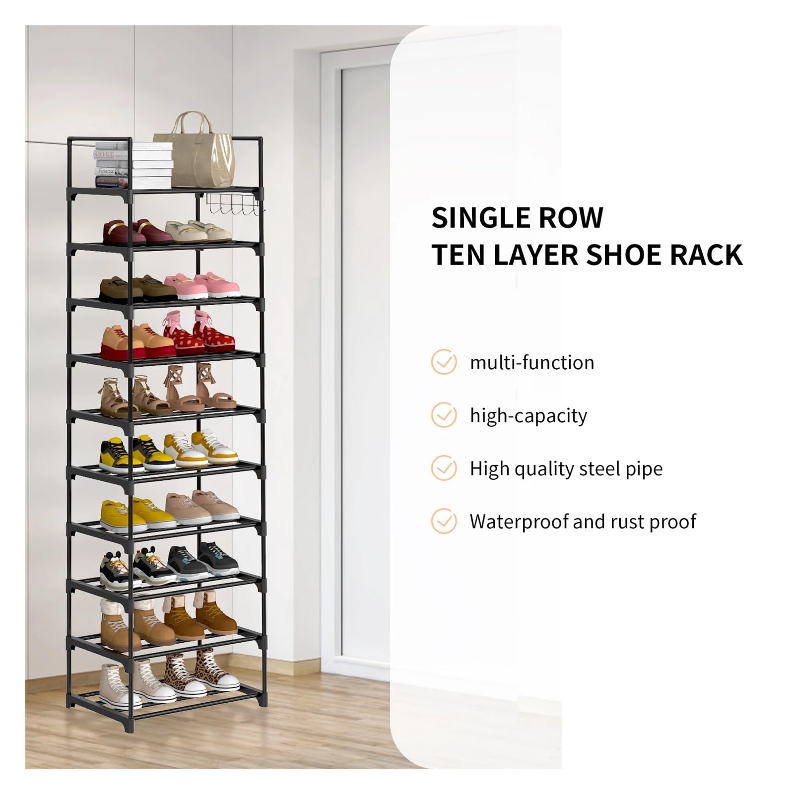 10-Tier Narrow Shoe Rack Hooks 40x30x175cm Hallway Entryway