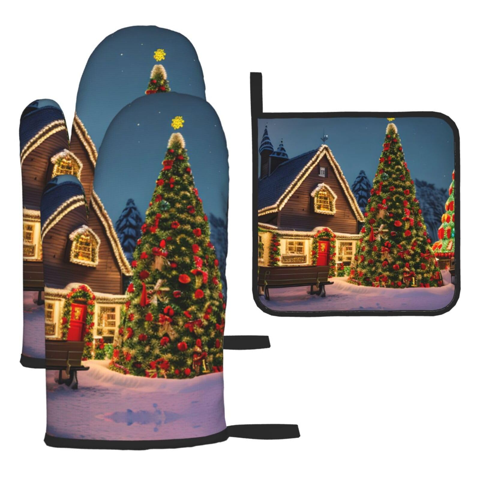 Christmas Carnival Village Print Oven Mitts and Pot Holders,Non-Slip Pot Holders for Kitchen,Thick Potholders for Baking Grilling