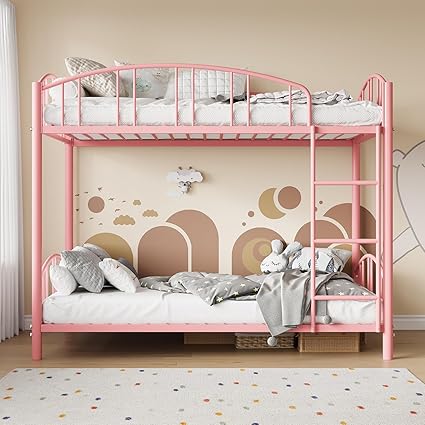Bunk Bed Twin Over Twin with Stairs and Arched Guardrail, Sturdy Metal Slats Support, Space Saving, Noise Free, No Box Spring Needed, Ideal for Kid Room and Dorm, Pink