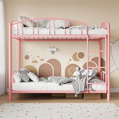 Bunk Bed Twin Over Twin with Stairs and Arched Guardrail, Sturdy Metal Slats Support, Space Saving, Noise Free, No Box Spring Needed, Ideal for Kid Room and Dorm, Pink