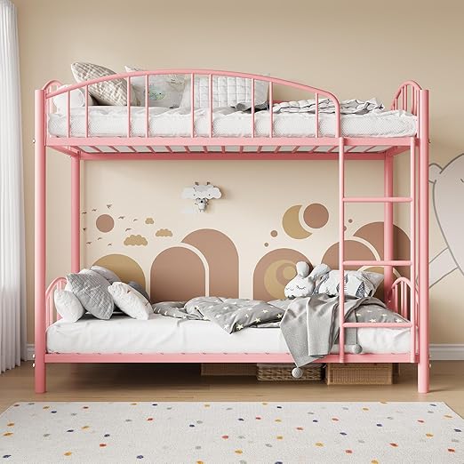 Bunk Bed Twin Over Twin with Stairs and Arched Guardrail, Sturdy Metal Slats Support, Space Saving, Noise Free, No Box Spring Needed, Ideal for Kid Room and Dorm, Pink
