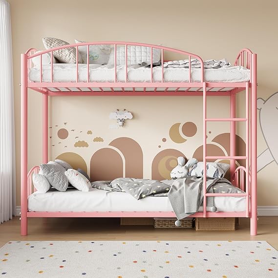 Bunk Bed Twin Over Twin with Stairs and Arched Guardrail, Sturdy Metal Slats Support, Space Saving, Noise Free, No Box Spring Needed, Ideal for Kid Room and Dorm, Pink