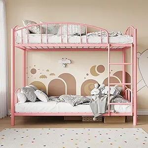 Bunk Bed Twin Over Twin with Stairs and Arched Guardrail, Sturdy Metal Slats Support, Space Saving, Noise Free, No Box Spring Needed, Ideal for Kid Room and Dorm, Pink
